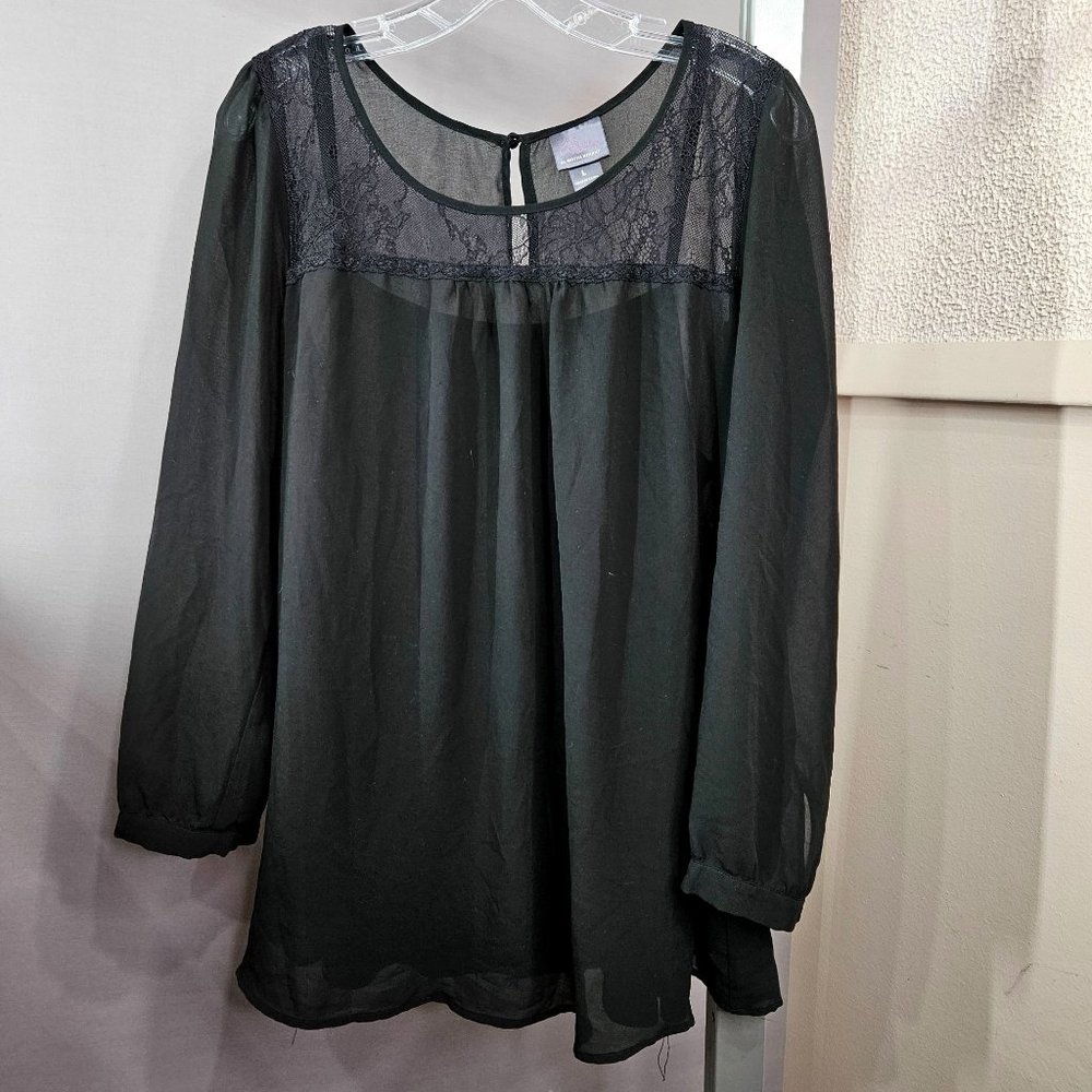 Oh Baby Motherhood Maternity Top Blouse Flowy L Black Lace Sheer Tank Lining 2pc